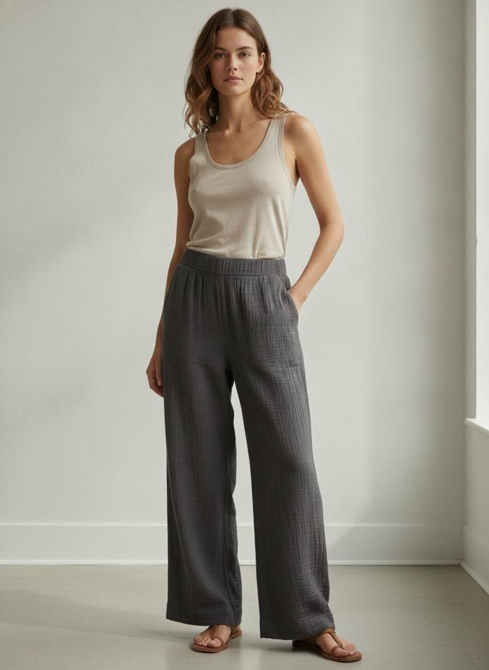Faherty Organic Cotton Gauze Wide-Leg Pull-On Pants — Charcoal — S